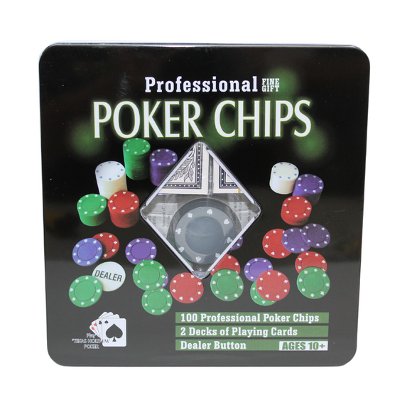 Professional Poker Game Set Chips, Cards & Dealer Button in Tin Box (KW)