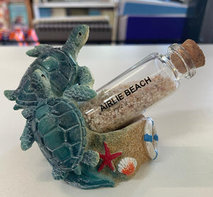 Two Turtles on Stand with Sand in Bottle - Airlie Beach (792)