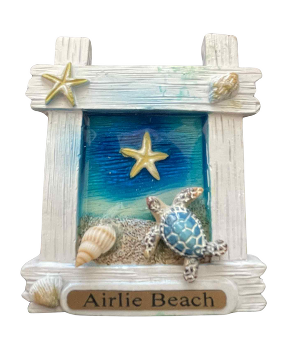 Fridge Magnets - Airlie Beach Turtle and Starfish in Wooden Style Frame (936)
